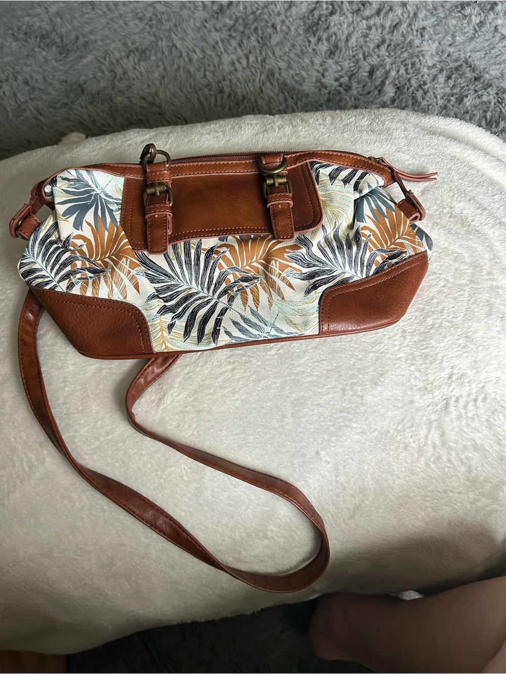 Bueno Brown and Multi-Leaf Print Crossbody Bag
